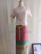 夏季傣族女装V领短袖上衣长裙套装雪纺蕾丝透气显瘦民族风情