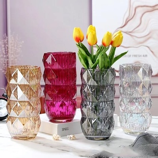欧式水晶花瓶卢索圆形家居，装饰品轻奢摆件插花器，璀璨长方玻璃花瓶