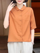 橘色短袖棉麻衬衫女夏2024年大码休闲洋气妈妈，亚麻娃娃领上衣