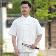 中国风纯棉老粗布男唐装男装短袖中式夏季中老年衬衣打底衫居士服