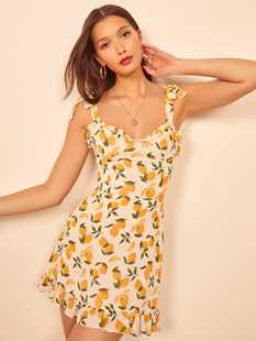 reformatio*夏日柠檬，印花法式小众吊带连衣裙，雪纺甜美桔梗短裙