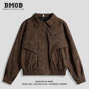 bmob美式潮牌复古做旧皮夹克，扎染设计感炸街痞帅小众短款皮衣外套