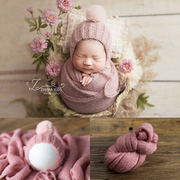 婴儿毛线针织球帽子裹布摄影道具 满月宝宝新生儿拍照纱布套装