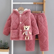 可爱熊秋冬季儿童睡衣，加厚保暖法兰绒，珊瑚男童宝宝夹棉家居服套装