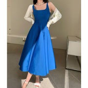 wangxo蓝色无袖吊带连衣裙，女夏季2023年收腰显瘦长款a字伞裙