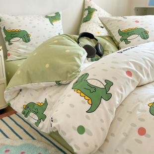 卡通小恐龙纯棉四件套可爱100棉被套儿童床上三件套1.8米床单床笠