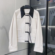2023秋季真皮皮衣女白色短款韩版休闲宽松设计感中式夹克外套