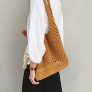 韩风chic复古针织毛线，包单肩大包文艺，休闲镂空编织包背心包手提包