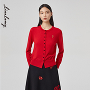 lancy俪雅liaa圆领针织，开衫女2023春季新年红色长袖羊毛衫女