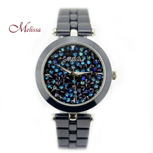 玛丽莎日本石英机芯指针式陶瓷手表时尚女表蓝色星空水晶手表