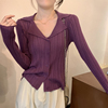 ins韩版复古高级感洋气气质，修身显瘦长袖v领别致紫色针织衫上衣女