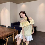 黄色一字肩短袖衬衫女夏季韩系chic设计感荷叶边露肩衬衣气质上衣