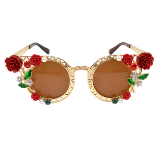 时尚款镶钻花朵珍珠茶色墨镜女夏高级感网红太阳镜潮大脸显瘦眼镜