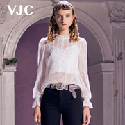 VJC/威杰思春夏女装半高领蕾丝长袖两件套上衣系带气质温柔
