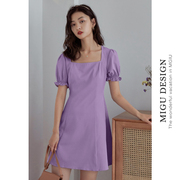 法式方领薄款紫色连衣裙女短款香芋紫泡泡袖雪纺小个子短裙子夏季