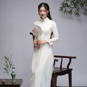 中式高雅复古显白连衣裙显瘦女茶服长裙手绘雪纺改良越南奥黛旗袍