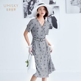  umisky优美世界高腰V领黑白格子连衣裙SG2D1059