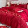 高档中式结婚四件套红色床单，被罩全棉纯棉，轻奢新婚庆(新婚庆)床上用品陪嫁