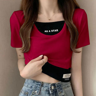 假两件冰丝罗纹t恤女短袖2023夏季网红设计感修身撞色短款上衣潮