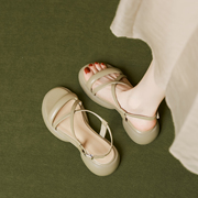 羊皮版~显白~真皮罗马鞋，法式2023年设计感厚底粗跟凉鞋女