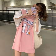 2022夏季假两件t恤女球衣短袖学生，韩版宽松中长款半袖ins潮