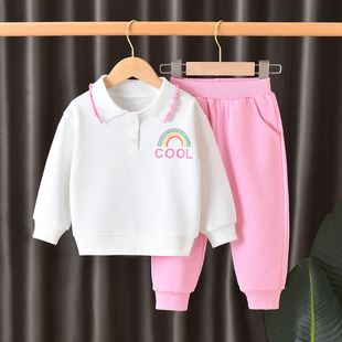 女童卫衣套装2023春秋季儿童运动两件套粉色，童装宝宝休闲衣服