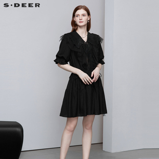 sdeer圣迪奥女装v领蕾丝，收腰黑色长裙，泡泡袖显瘦连衣裙s222z12g1