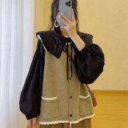 套装女2023春季韩版设计感小众坎肩针织马甲娃娃领衬衫减龄三件套