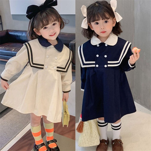 女童学院风纯棉洋气连衣裙，2023年春秋季儿童海军风，韩版宽松公主裙