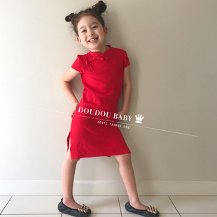 中国风儿童旗袍夏季女童冰丝复古连衣裙2023抓周岁短袖亲子装