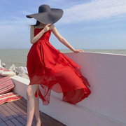 三亚海边度假连衣裙沙滩红色，女拍照雪纺，吊带长裙海滩旅游渡假