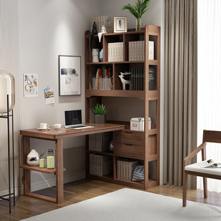 全实木书桌书架，组合带书柜一体简约现代卧室，书房转角写字台电脑桌