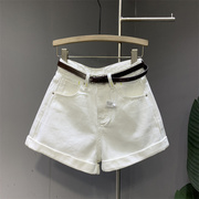 白色高腰牛仔短裤，女韩版2024夏天洋气，减龄百搭a字卷边阔腿裤