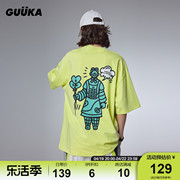 guuka&agaho联名250克荧光，黄重磅(黄重磅)t恤短袖，男纯棉情侣落肩半袖宽松
