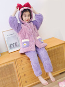 儿童三层夹棉睡袍女童冬季珊瑚绒夹棉卡通睡衣加厚保暖家居服套装