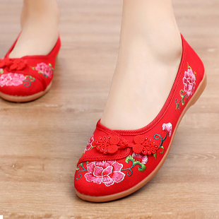 老北京布鞋女鞋春夏季妈妈，鞋防滑民族，风妈妈布鞋红色绣花鞋女单鞋