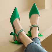 绿色凉鞋女夏季细跟高跟鞋设计感小众气质名媛包头大码女鞋41一43