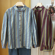 日系彼得潘娃娃(潘娃娃)领衬衫，灯笼袖棉麻衬衣女，长袖彩色条纹复古宽松大码