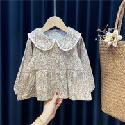 女童衬衫春秋季宝宝，韩版洋气娃娃领长袖衬衣，1岁3小童春款碎花上衣