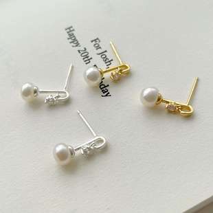韩版小众设计高级感几何淡水珍珠耳钉女纯银锆石耳饰品