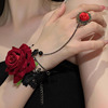 哥特风红色玫瑰戒指手链一体复古设计花朵手环洛丽塔蕾丝手腕饰品