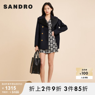 sandrooutlet女装法式简约翻领，双排扣深蓝色大衣外套sfpou00360