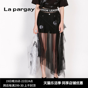 Lapargay纳帕佳夏季半裙中长款不规则黑色网纱裙透明半身裙女
