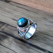 印度尼泊尔925纯银指环天然蓝光拉长石手工，复古食指中指戒指男女