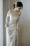 法式轻婚纱新娘结婚高级感简约一字肩长袖，蕾丝出门纱白色超仙礼服