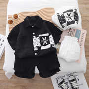 童装儿童黑白字母短袖套装，2024洋气男童夏装衣服潮宝宝两件套