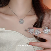 银针锆石花朵耳环项链戒指套装气质轻奢高级感锁骨链网红饰品
