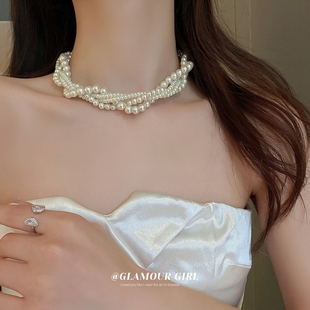 法式复古多层珍珠项链，女时尚个性气质，贝珠颈链麻花缠绕锁骨链