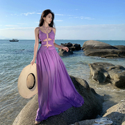 紫色沙滩裙女海边度假超仙性感法式小众挂脖吊带连衣裙高级感夏季
