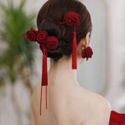 2023复古森系红色，新娘头饰女韩式婚礼结婚礼服晨袍敬酒服